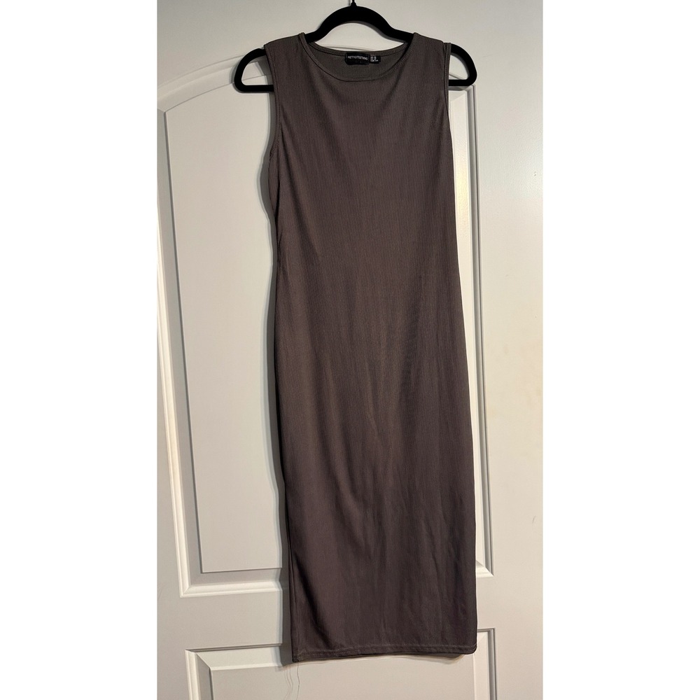 PrettyLittleThing Midi Dress Size 12 Grey Ribbed Sleeveless Crew Bodycon Chic